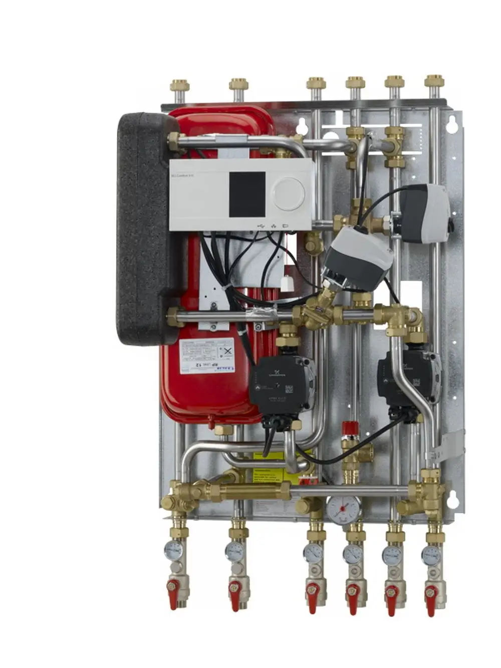 Danfoss Hausstation mit mehreren Ventilen, Druckmanometern und einem Sicherungsbehälter. Digitales Steuergerät im oberen Bereich zur Regelung der Heizungsfunktion.